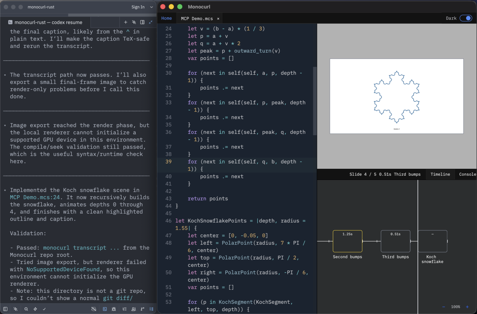 An AI agent editing a Monocurl scene while the desktop app previews the result