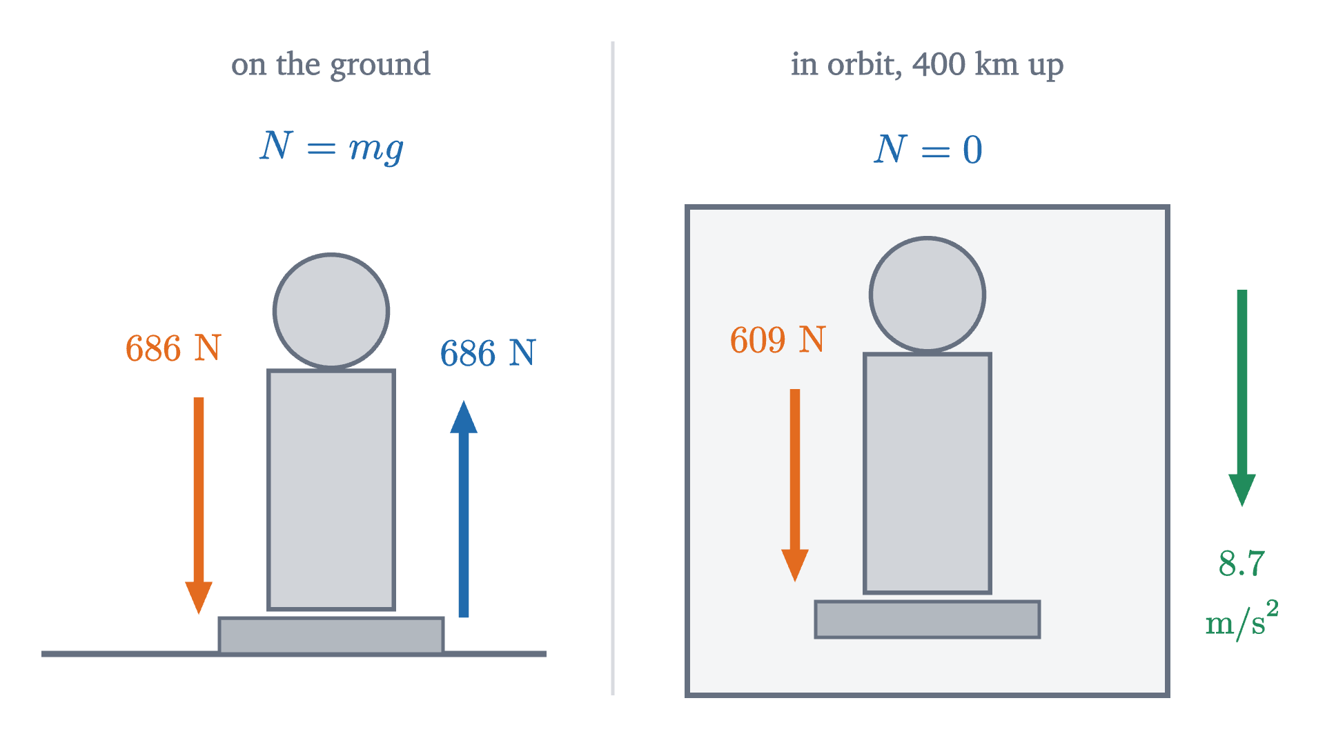 A 70 kg person on a scale, on the ground and in the space station. On the ground the scale pushes up with 686 N. In orbit gravity still pulls with 609 N, but the person, the scale and the station all fall together, so nothing presses on anything and the scale reads zero. The green arrow is the acceleration they share.