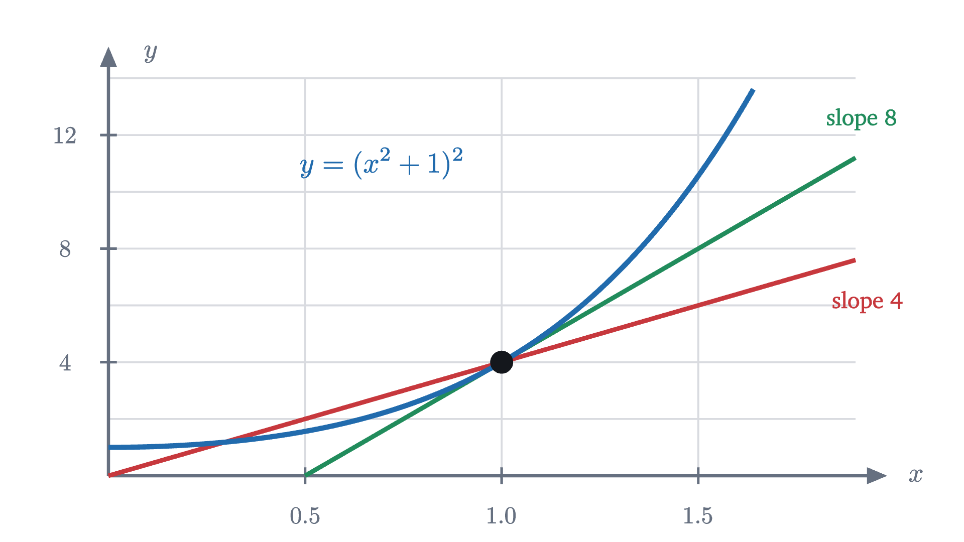 The graph of y = (x^2 + 1)^2 with two lines through the point (1, 4). The line of slope 8 from the chain rule is tangent to the curve. The line of slope 4, from forgetting the inner derivative, cuts across it.