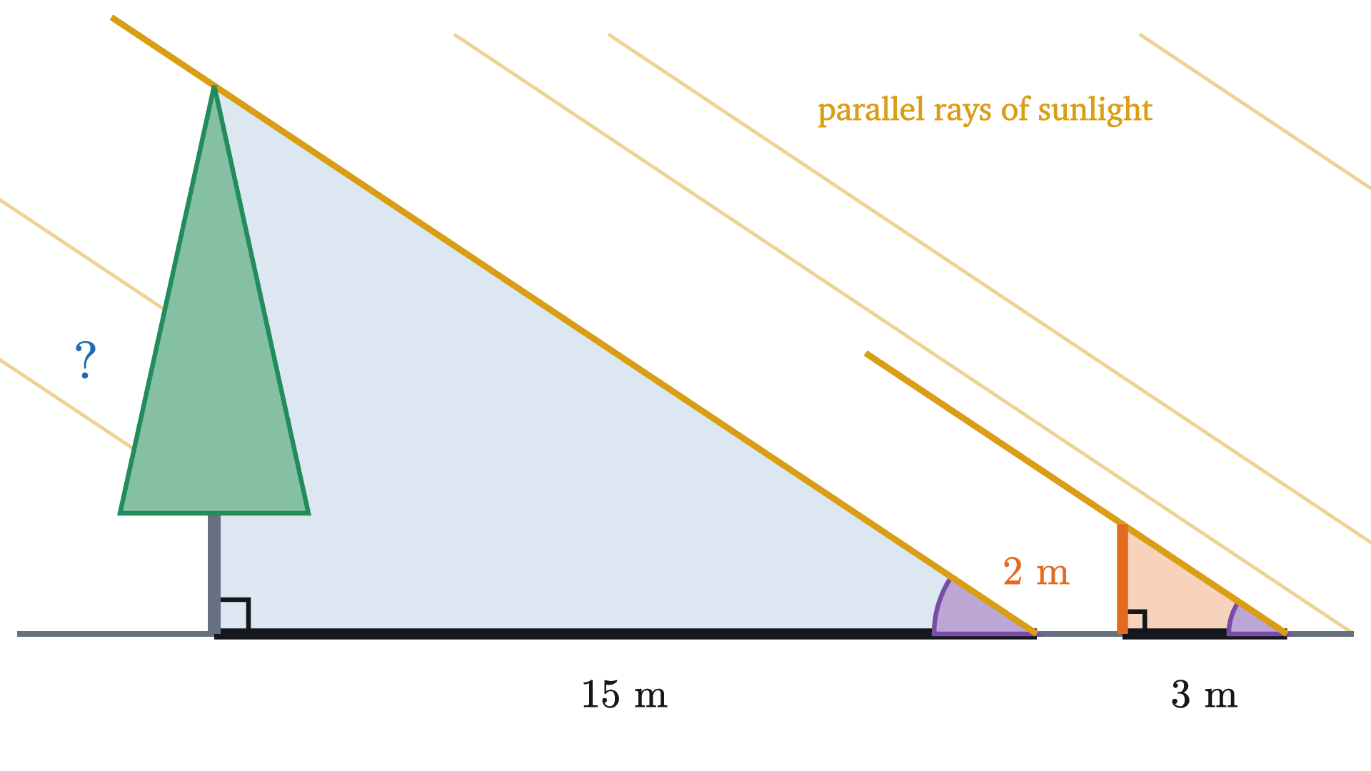 A tree and a 2 m pole in the same sunlight, with shadows 15 m and 3 m long. Each forms a right triangle with its shadow and a ray of sunlight, and the two triangles have the same angles.