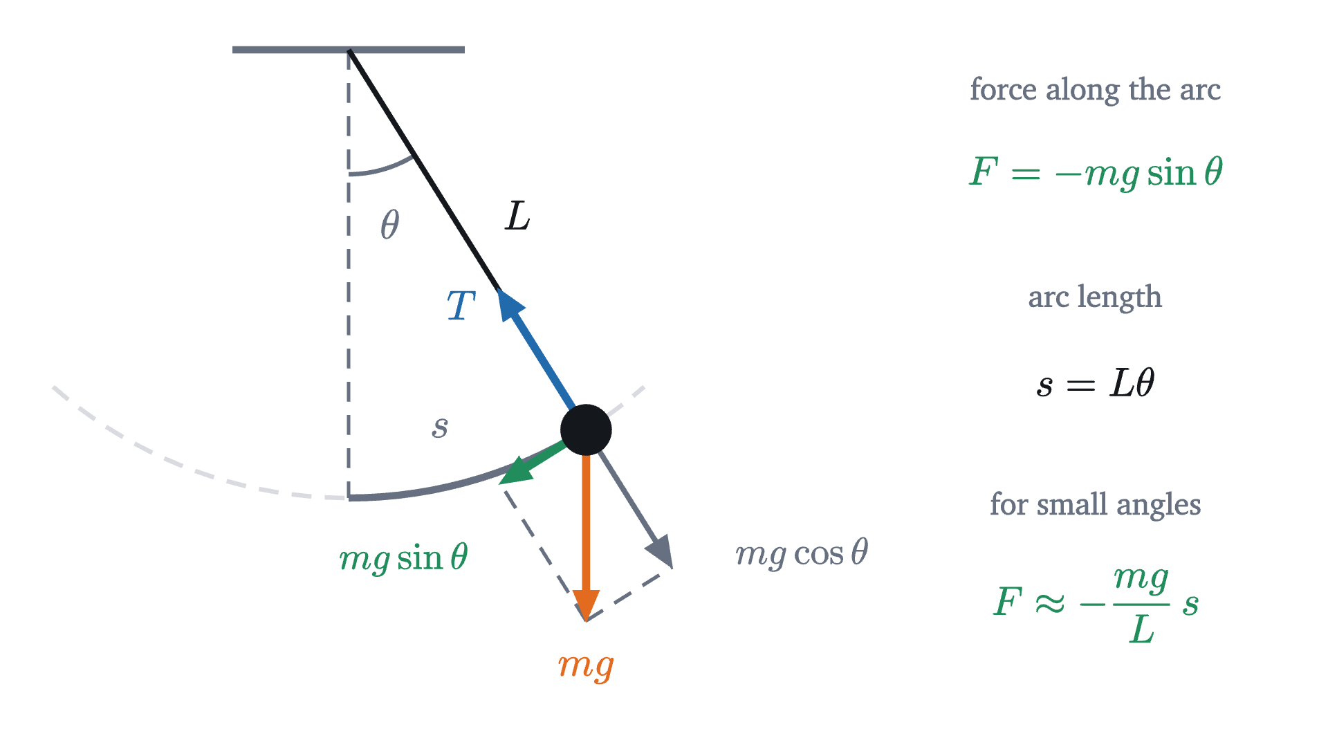 The forces on a pendulum bob. The string's tension acts along the string and cannot speed the bob up or slow it down. The part of the weight along the arc, of size mg\sin\theta, pulls the bob back toward the lowest point.